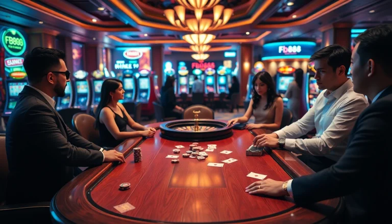 Players enjoy strategic poker at a top casino table, featuring Fb88 branding in a vibrant atmosphere.