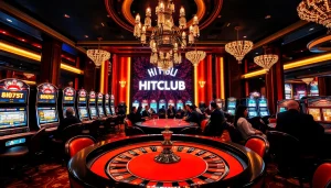 Players enjoying games at HITCLUB casino with poker tables and slot machines in a luxurious setting