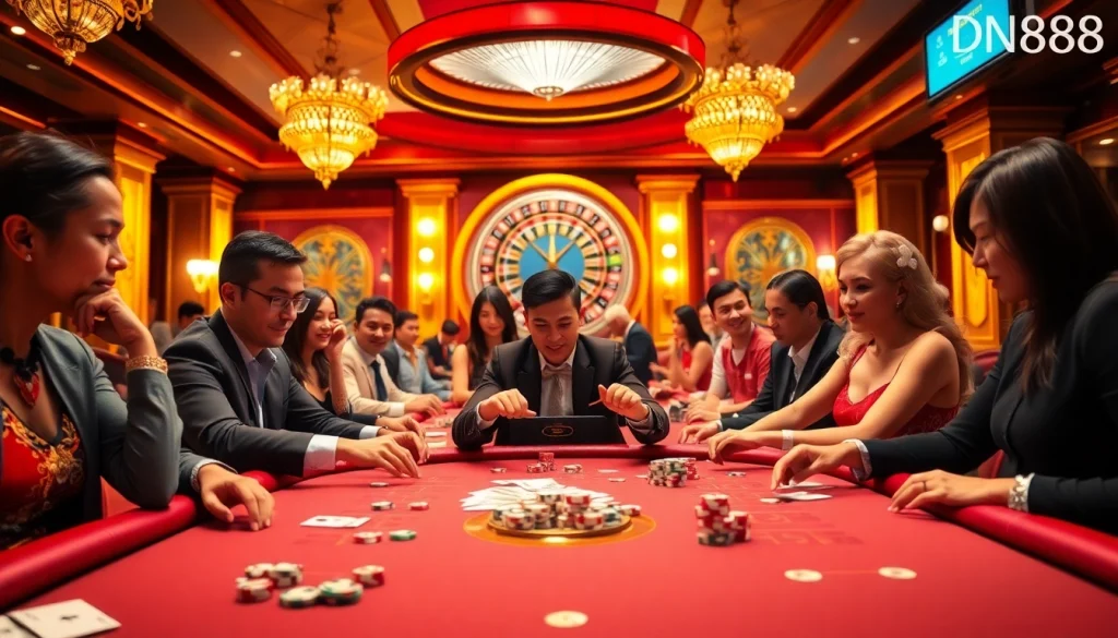 Excited gamers engaging with casino experiences at https://dn88s.net/ with professional dealers and luxe settings.