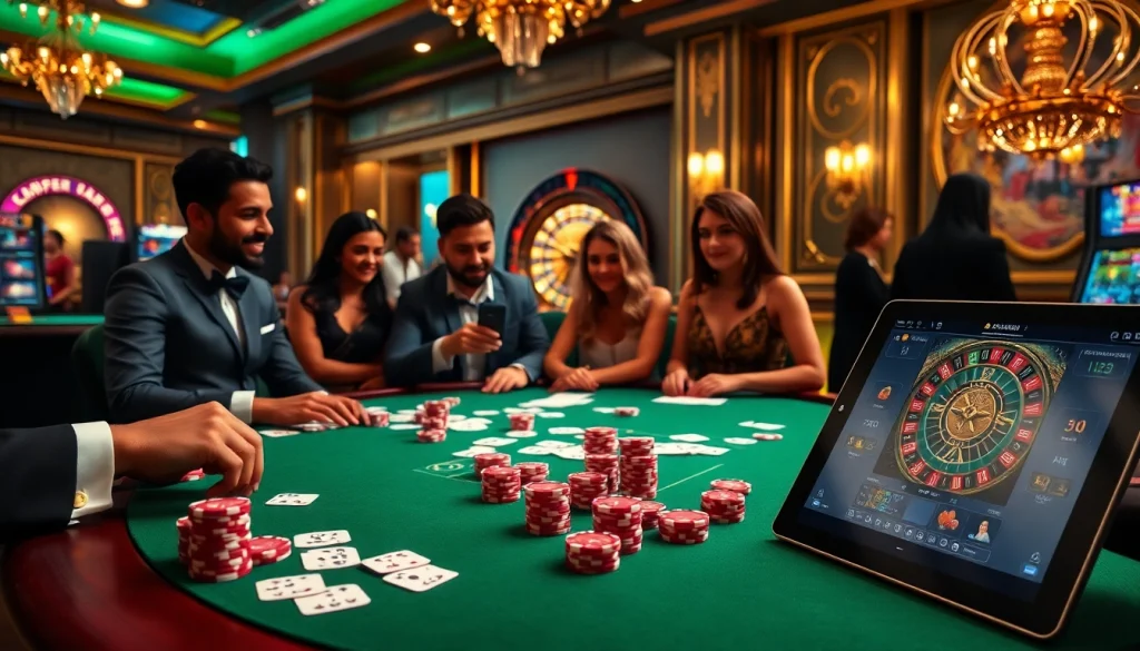 Players engage in high-stakes excitement at 11UU's elegant casino tables, merging traditional and online gambling.