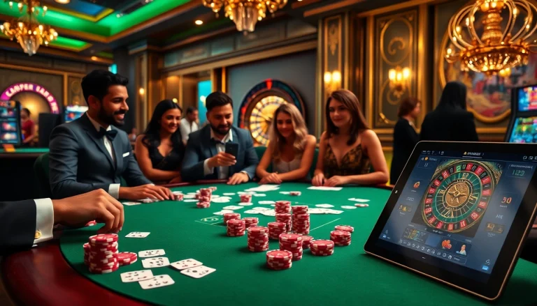 Players engage in high-stakes excitement at 11UU's elegant casino tables, merging traditional and online gambling.
