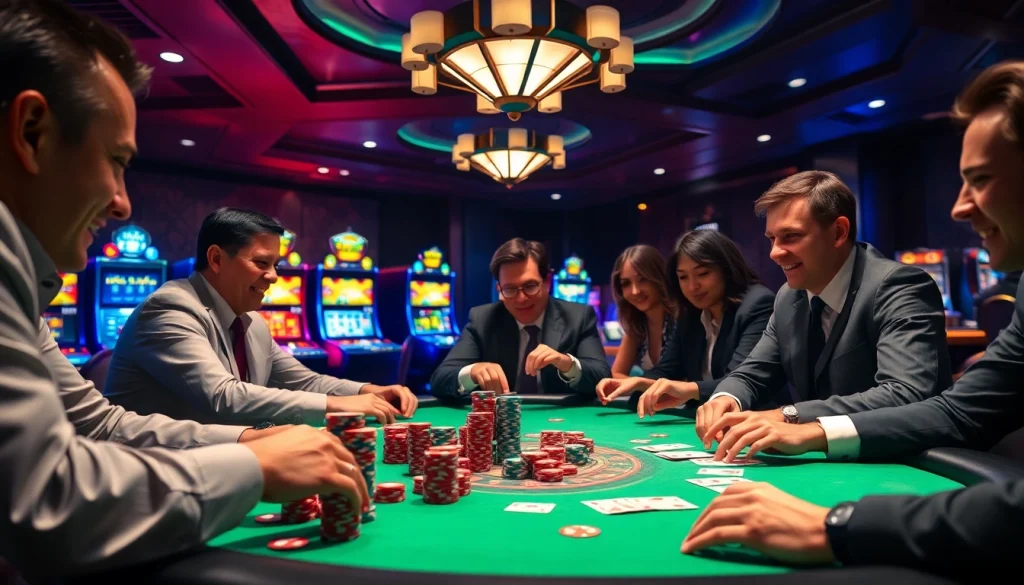 Players enjoy poker excitement at https://mu88.camp/ with vibrant chips and cards in a luxurious casino.