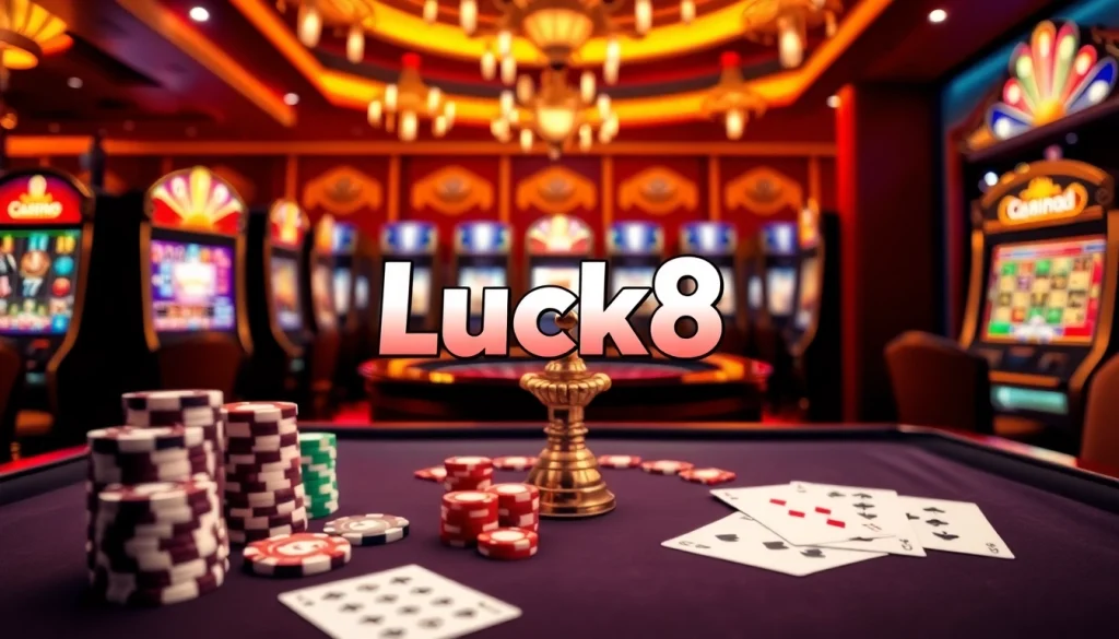 Experience the thrilling action of Luck8 with poker chips and roulette wheels in a lively casino atmosphere.