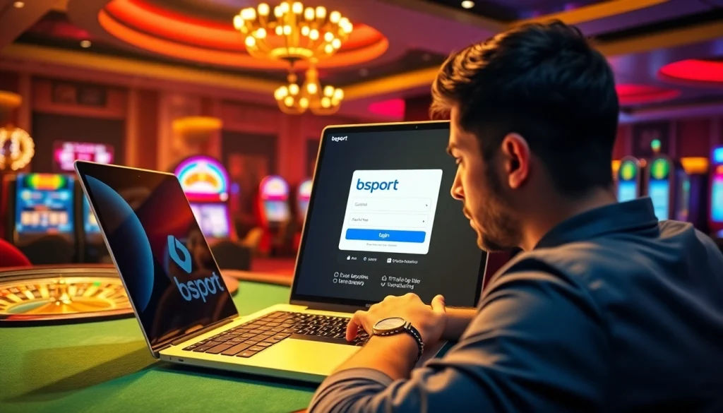 Experience seamless betting with the bsport login interface set against a vibrant online casino backdrop.