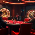 KJC casino scene featuring players at a poker table with poker chips and a roulette wheel.