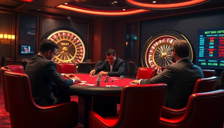 KJC casino scene featuring players at a poker table with poker chips and a roulette wheel.