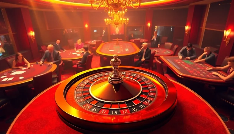 Experience the thrill of mb 88 with luxurious casino tables and roulette wheels in vivid detail.