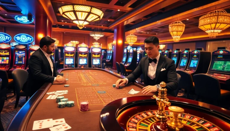 Experience the thrill of 8kbet with a vibrant casino scene showcasing winning moments at a blackjack table.