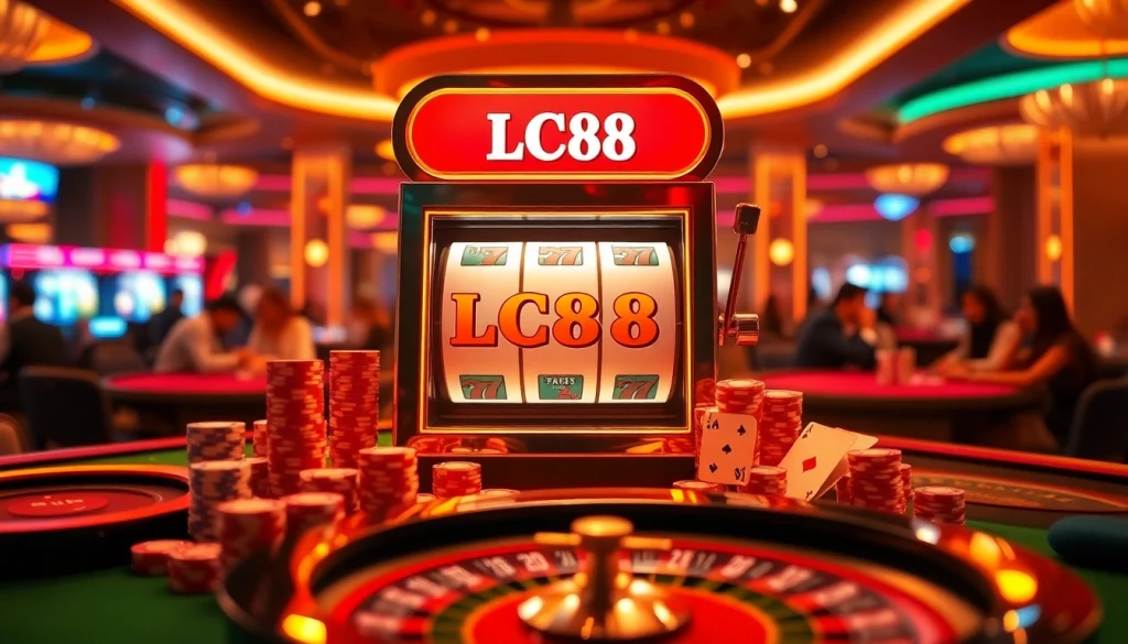 Engaged players enjoying the excitement of LC88 at a luxurious casino slot machine.