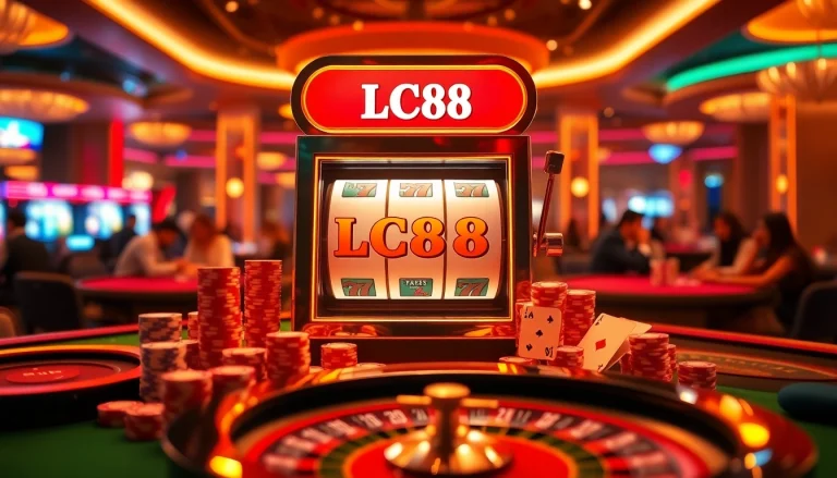 Engaged players enjoying the excitement of LC88 at a luxurious casino slot machine.