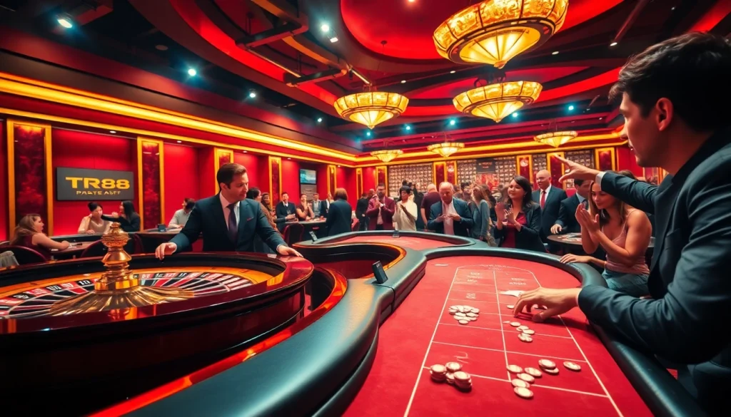 Players enjoying a thrilling moment at the casino with TR88 stakes on the line.