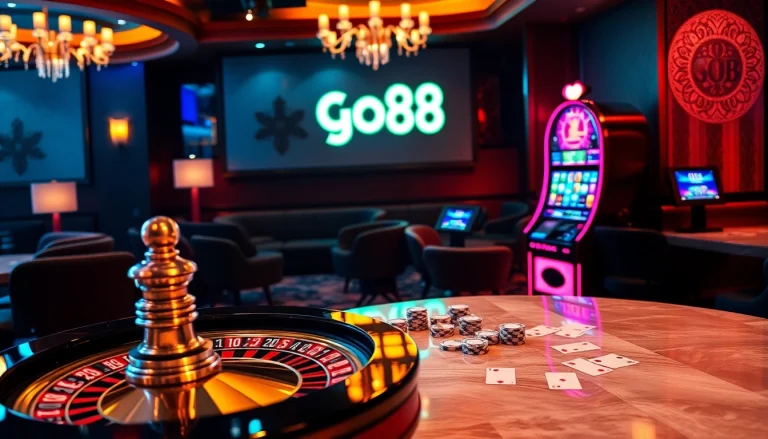 Experience thrilling gameplay at go88 with a luxurious casino scene featuring roulette and poker.