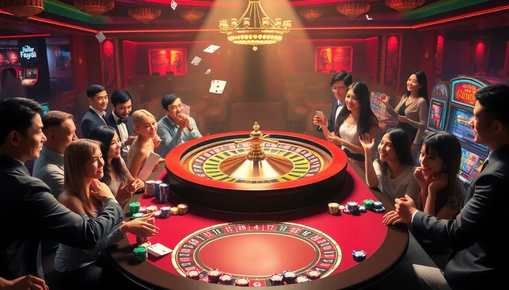 Engage with FLY88 đăng nhập at our vibrant casino scene featuring roulette wheels and colorful chips.