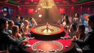 Engage with FLY88 đăng nhập at our vibrant casino scene featuring roulette wheels and colorful chips.