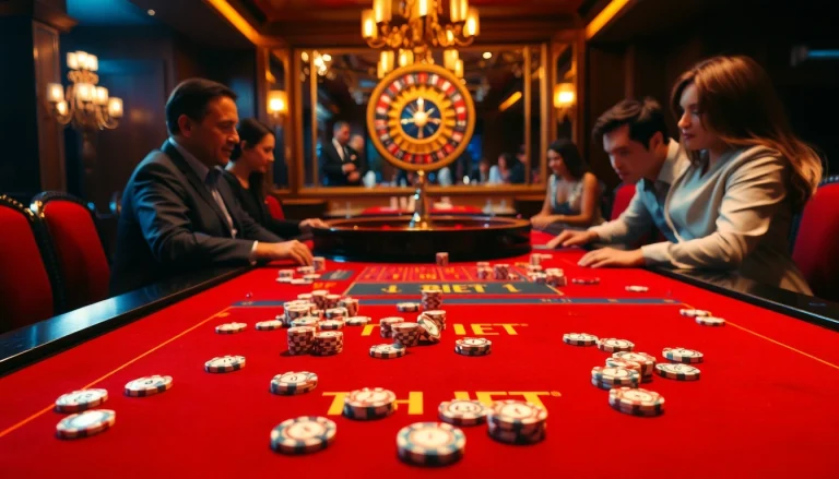 THA BET gaming table filled with vibrant chips and cards, capturing an exciting casino atmosphere.
