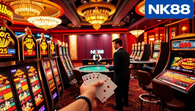 Experience the thrill of gaming with NK88 at an exquisite casino featuring vibrant slot machines.