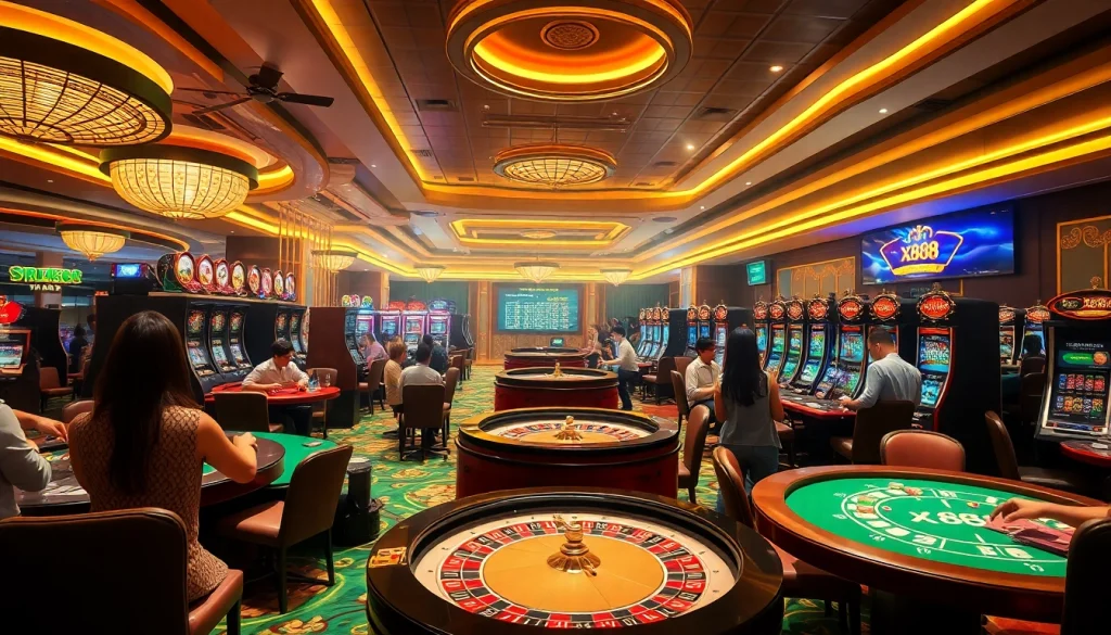 Experience the thrills of xx88 casino gaming with vibrant roulette tables and excited players.