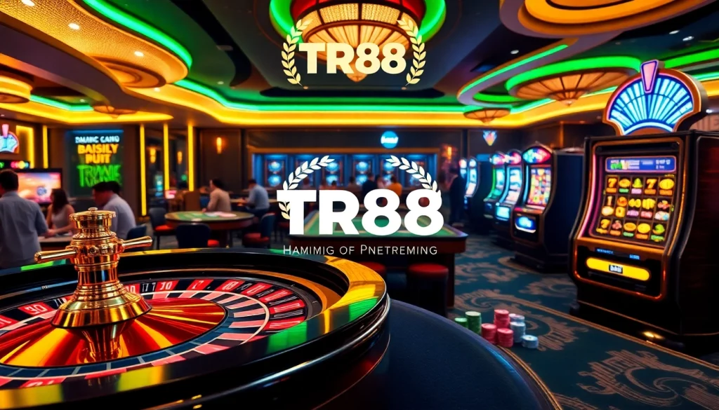 Engage in thrilling casino gameplay with TR88 poker chips and roulette at a vibrant table.