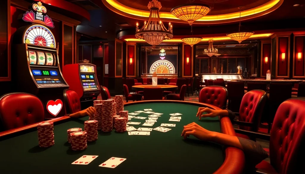 Experience the thrill of gambling at https://go88vn.blog with a vibrant casino scene featuring poker games and slot machines.