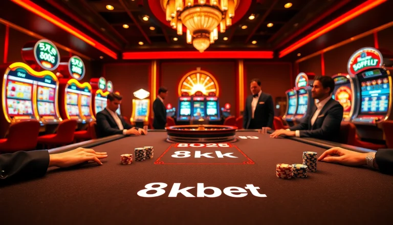 Players enjoying high-stakes poker at a glamorous table with 8kbet branding, showcasing excitement.