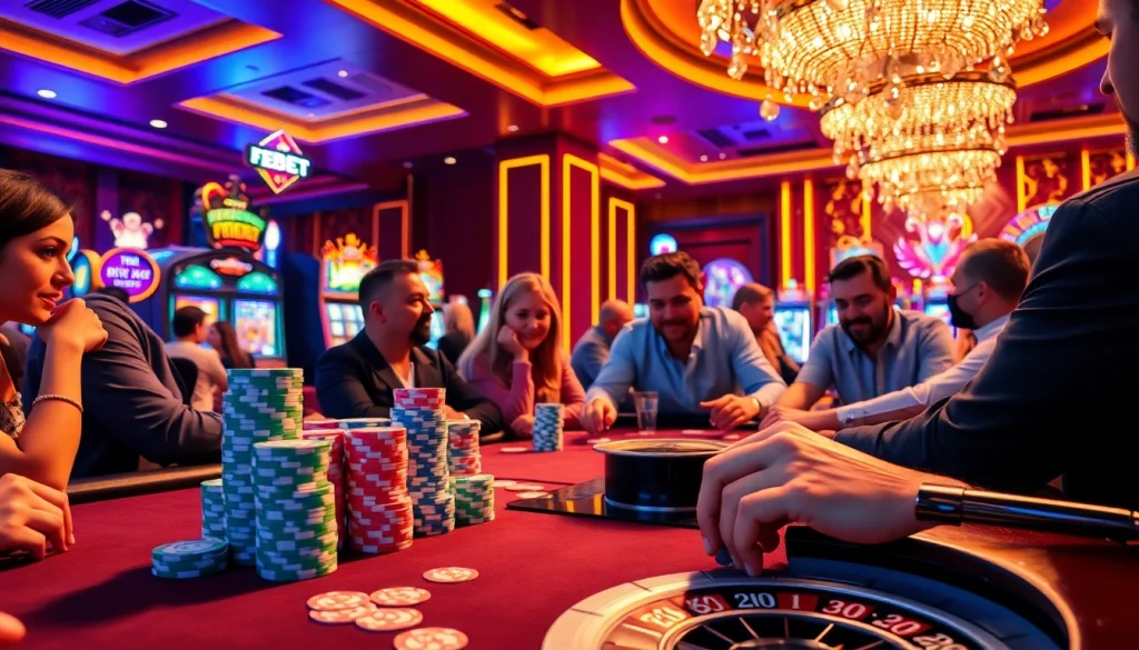 Experience the thrill of FEBET-themed poker with vibrant chips and excited players.