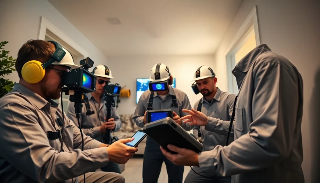 Water leak detection technicians using advanced tools in a residential setting.