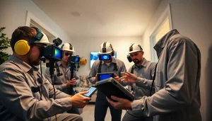 Water leak detection technicians using advanced tools in a residential setting.