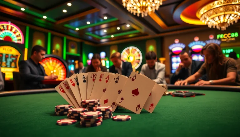 Gamble at FC88 with thrilling poker tables and vibrant slot machines in a luxury casino atmosphere.