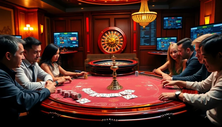 Experience the thrill of online gaming at 5z7772 com with vibrant casino visuals of poker and roulette.