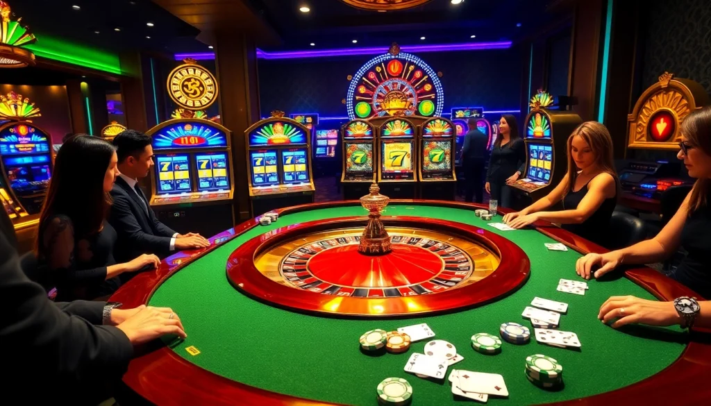KJC casino scene showcasing players engaged in an exciting roulette game with colorful chips and vibrant slot machines.