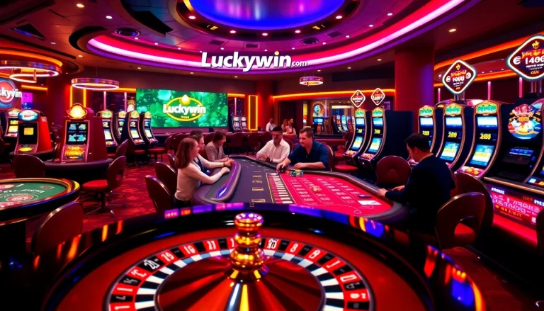 Players celebrating wins at Luckywin com, surrounded by vibrant casino games and exciting betting action.