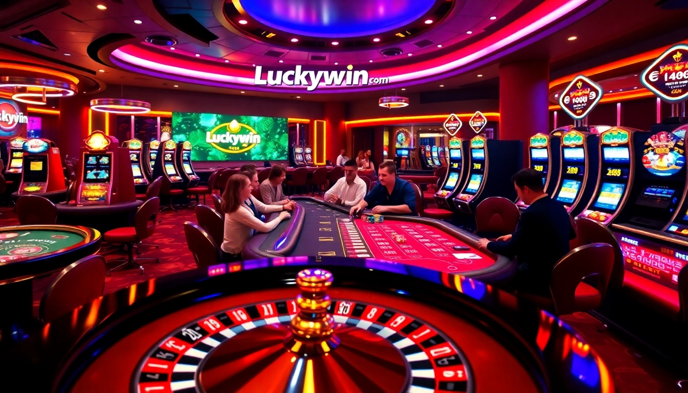 Players celebrating wins at Luckywin com, surrounded by vibrant casino games and exciting betting action.