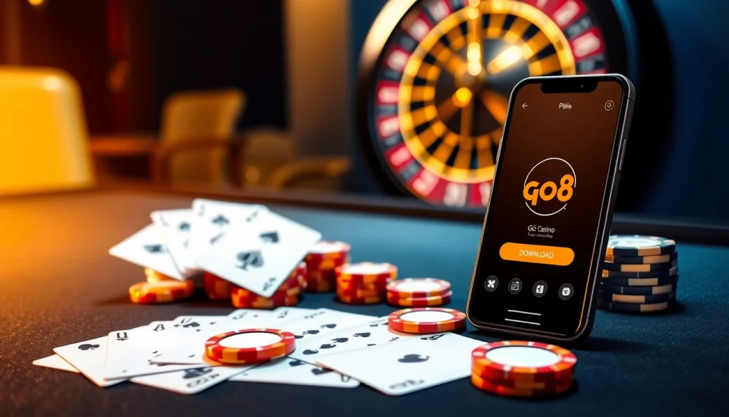 Tải go88 app showcased on a smartphone amid an opulent casino setting with roulette and poker elements.