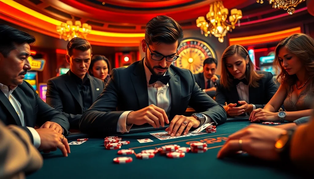 Exciting poker action at xin88 casino with vibrant atmosphere and stylish players.