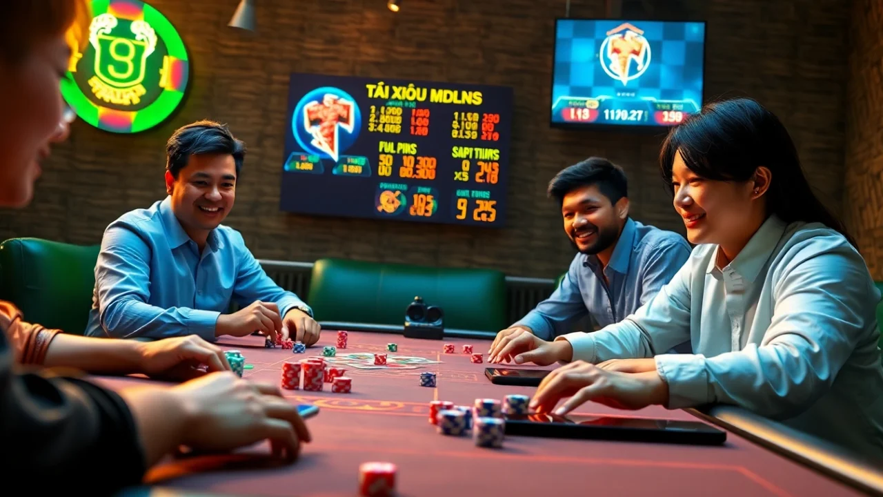 Tài xỉu md5 gaming session with players, dice, and colorful chips in a vibrant atmosphere.