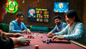 Tài xỉu md5 gaming session with players, dice, and colorful chips in a vibrant atmosphere.