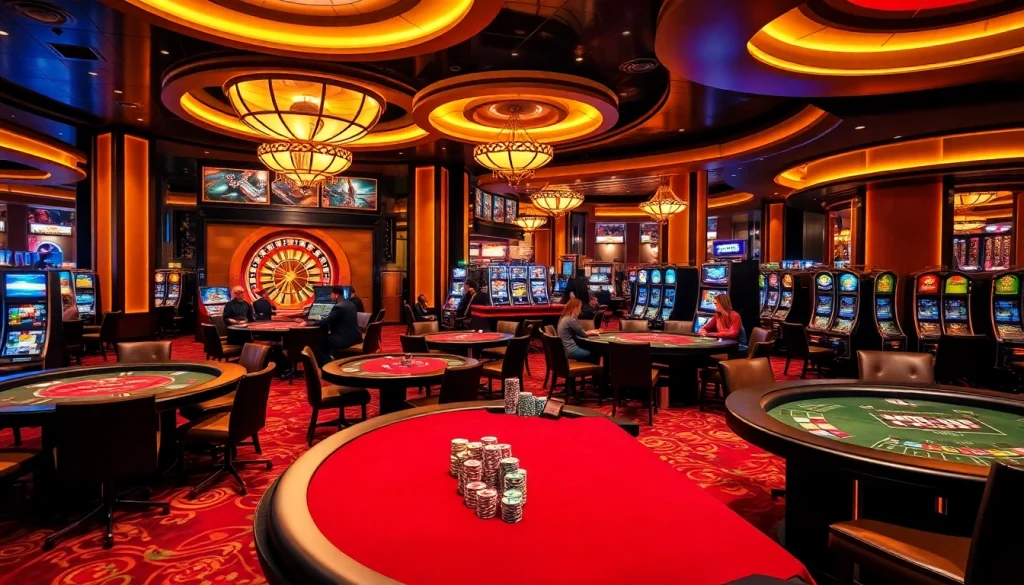 Engaged players strategizing at dn88.com with vibrant casino tables and slot machines.