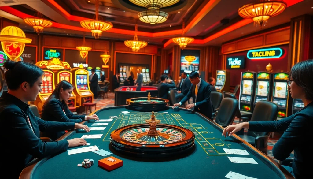 Experience the excitement of Trang chủ Luck8 with players engaged at vibrant casino tables and thrilling roulette action.