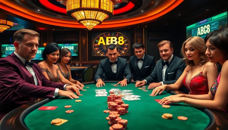 Players strategizing at a high-stakes poker table in a luxurious casino setting featuring ABC8.