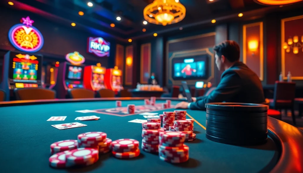 RIKVIP offers an engaging online casino experience with vibrant poker tables and slot machines.