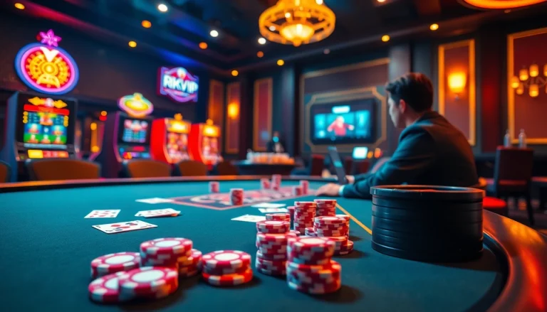 RIKVIP offers an engaging online casino experience with vibrant poker tables and slot machines.