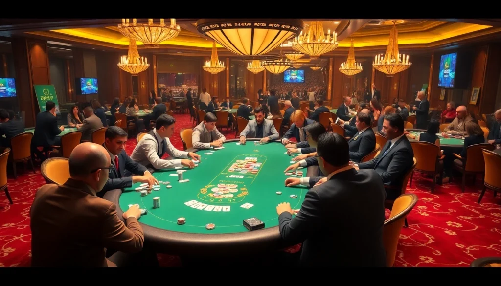 Players engaged in a thrilling poker game at a Rikvip-themed casino table