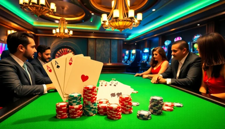 Experience thrilling poker action at https:/nk88.us.com/ with colorful chips and winning cards.