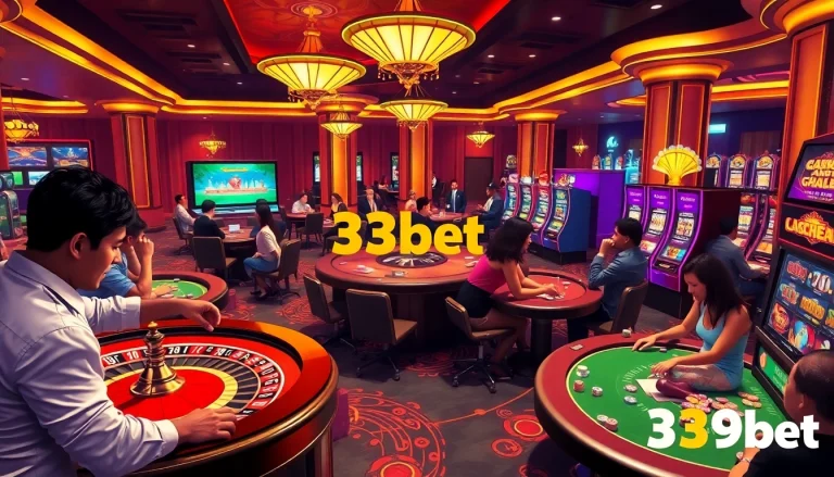 Experience the excitement of gambling at 39bet with players engaging around vibrant casino tables and slot machines.