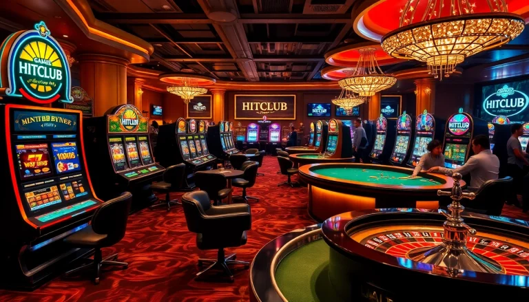 Experience the excitement of HITCLUB in a luxurious casino with vibrant gaming tables.