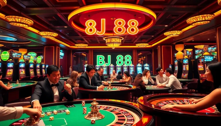 Experience the thrill of BJ 88 with vibrant casino tables and players enjoying high-stakes games.