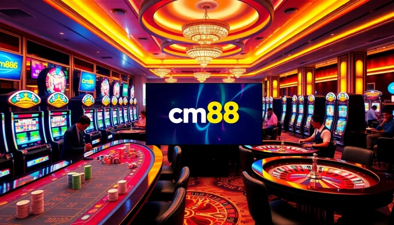 Excited gamblers playing at the cm88 nhà cái casino, engaging with vibrant gaming tables and slot machines.