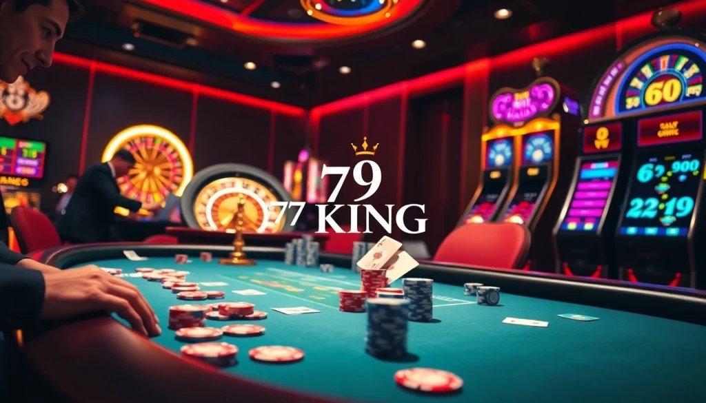 Players strategizing their bets at a luxurious 79KING casino poker table.