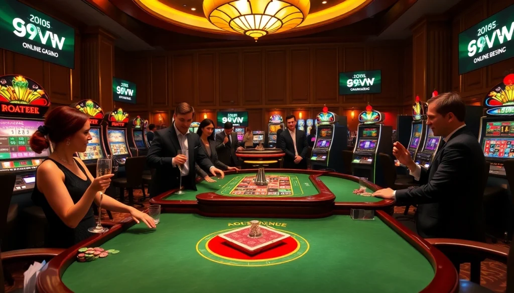 Gamblers enjoying an exciting poker game at 69VN casino with luminous slot machines.