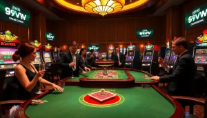 Gamblers enjoying an exciting poker game at 69VN casino with luminous slot machines.